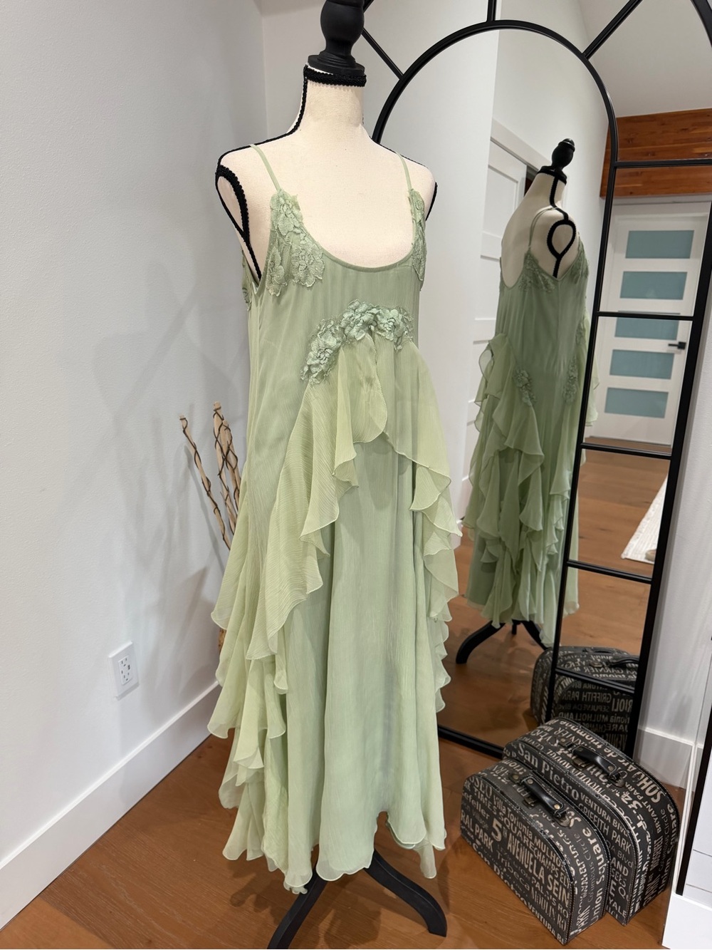 Free People Sage Green Ruffled Maxi Slip Dress